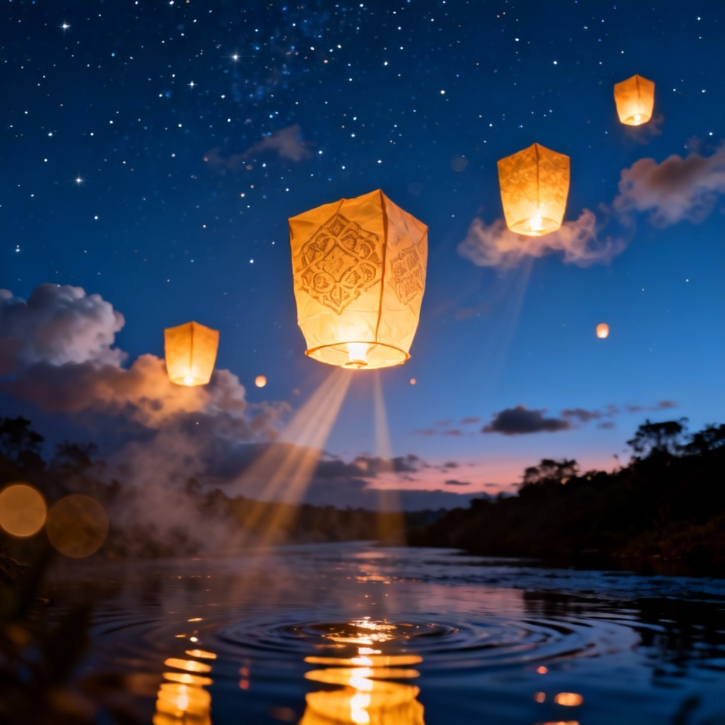 AI lantern sky background with glowing floating lanterns at dusk