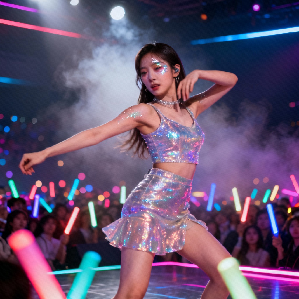 AI K-pop idol performing on a neon-lit stage concept photo