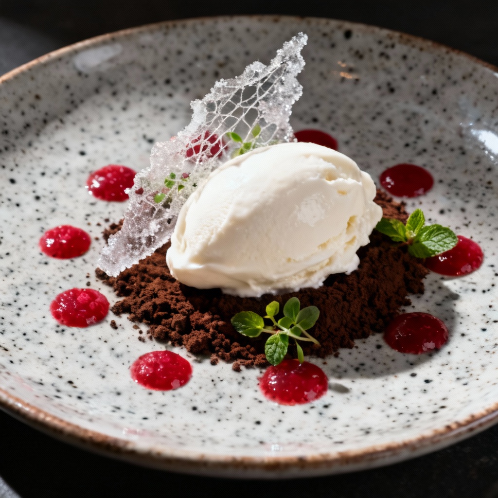 AI plated dessert with quenelle, cocoa soil, and sugar art