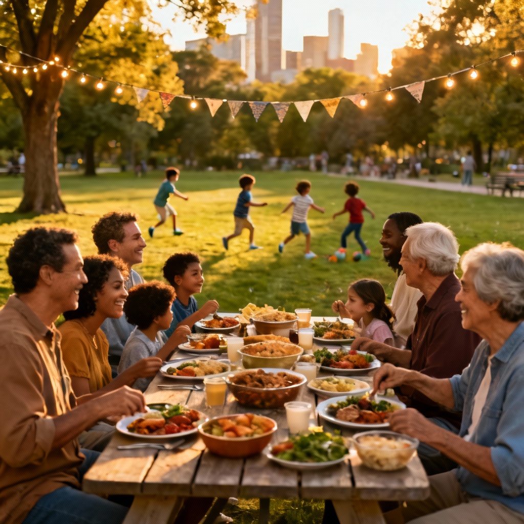 Photorealistic community potluck scene in a park