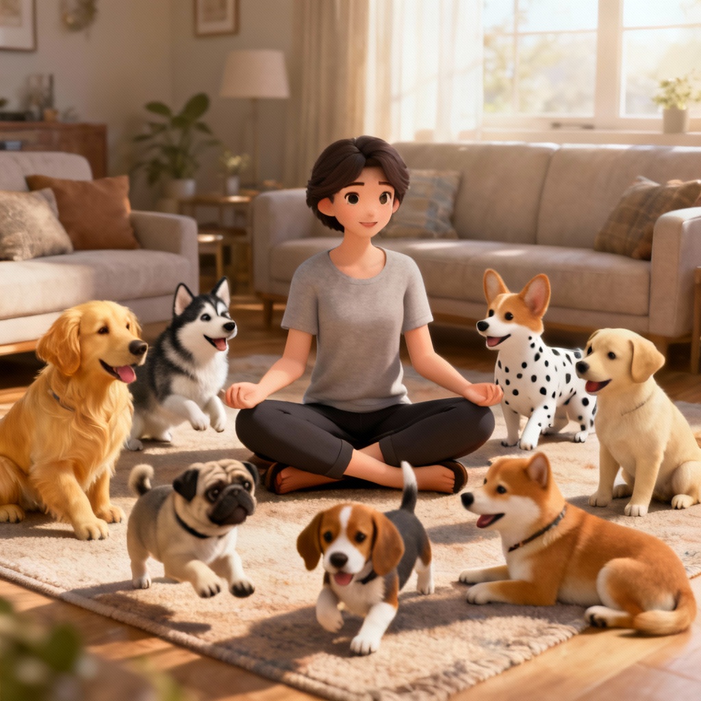 AI character surrounded by puppies in a cozy sunlit living room