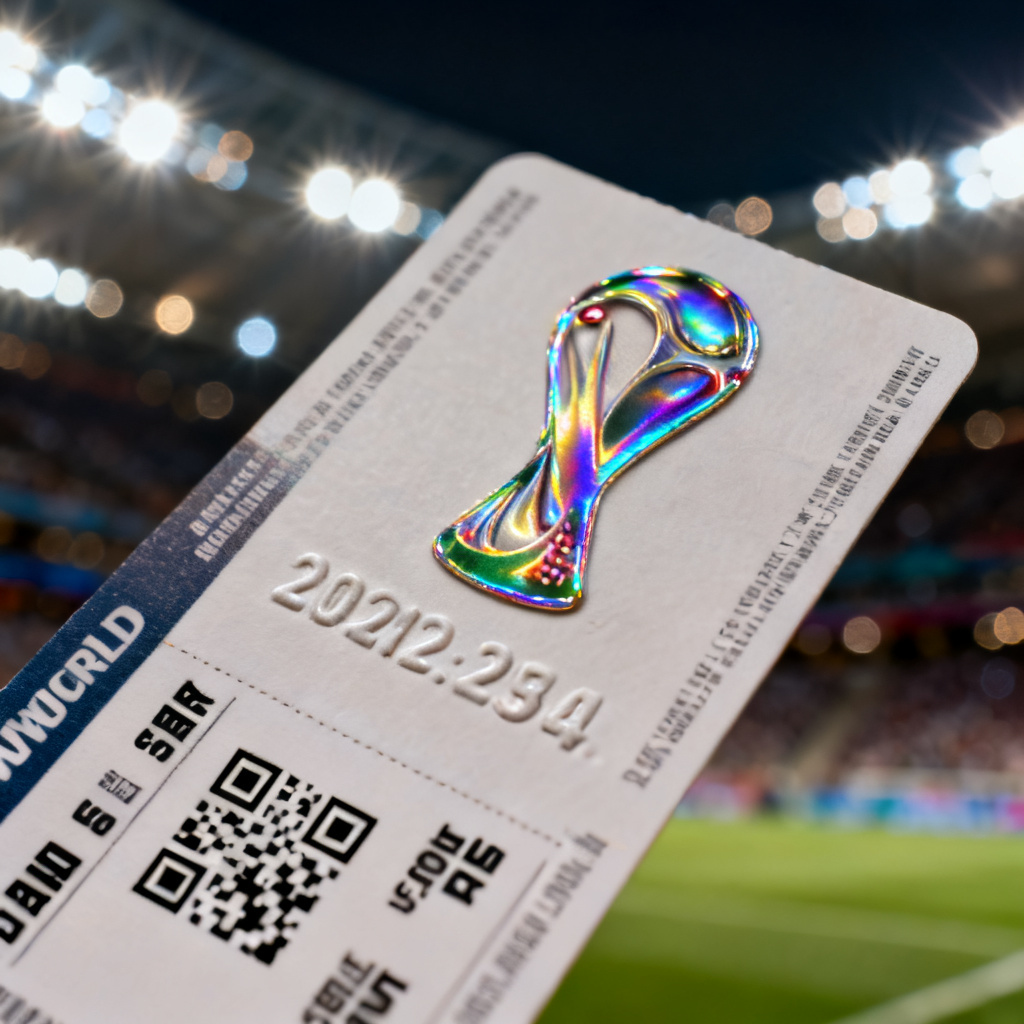 AI-generated holographic World Cup ticket mockup with stadium background