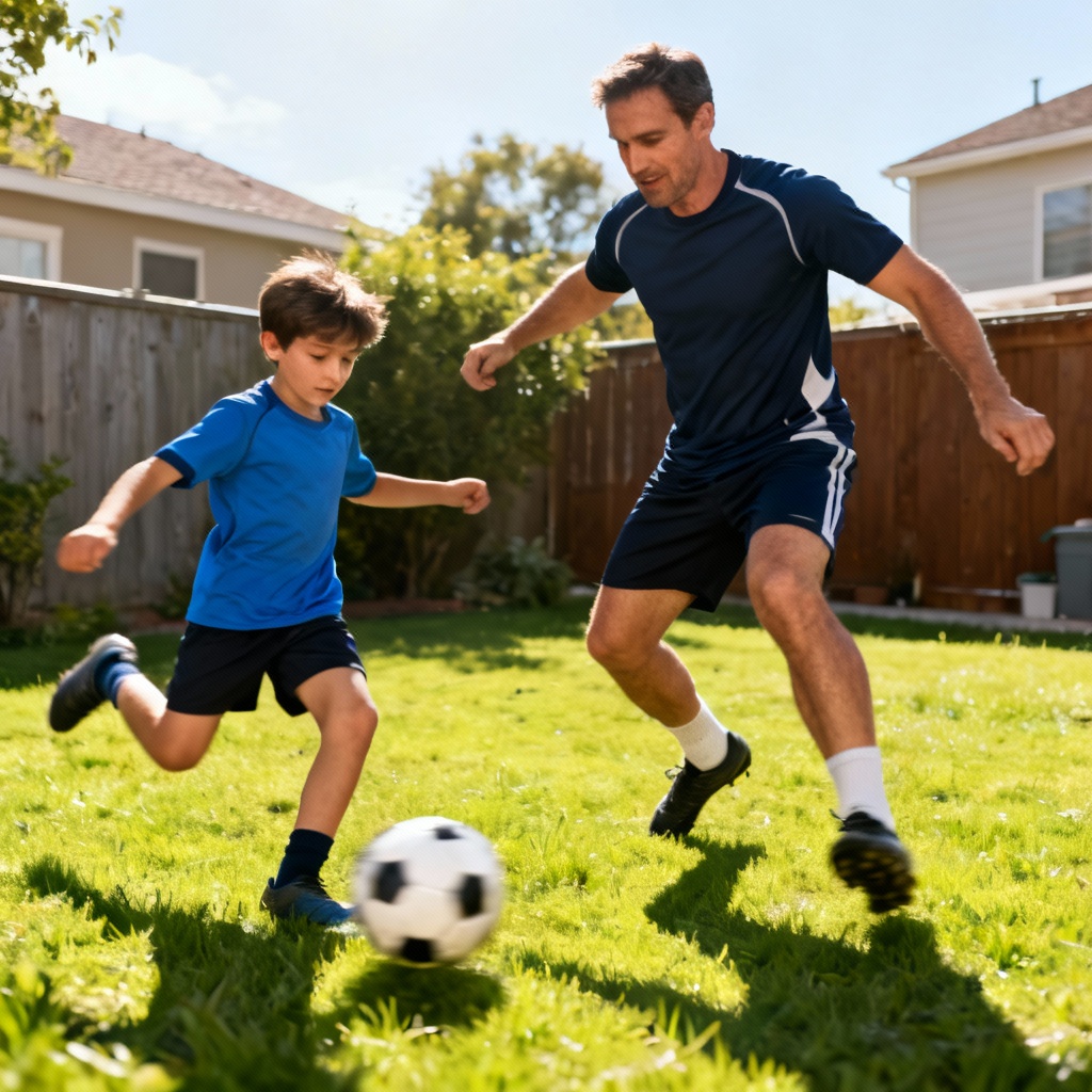 AI father and son playing soccer in the backyard