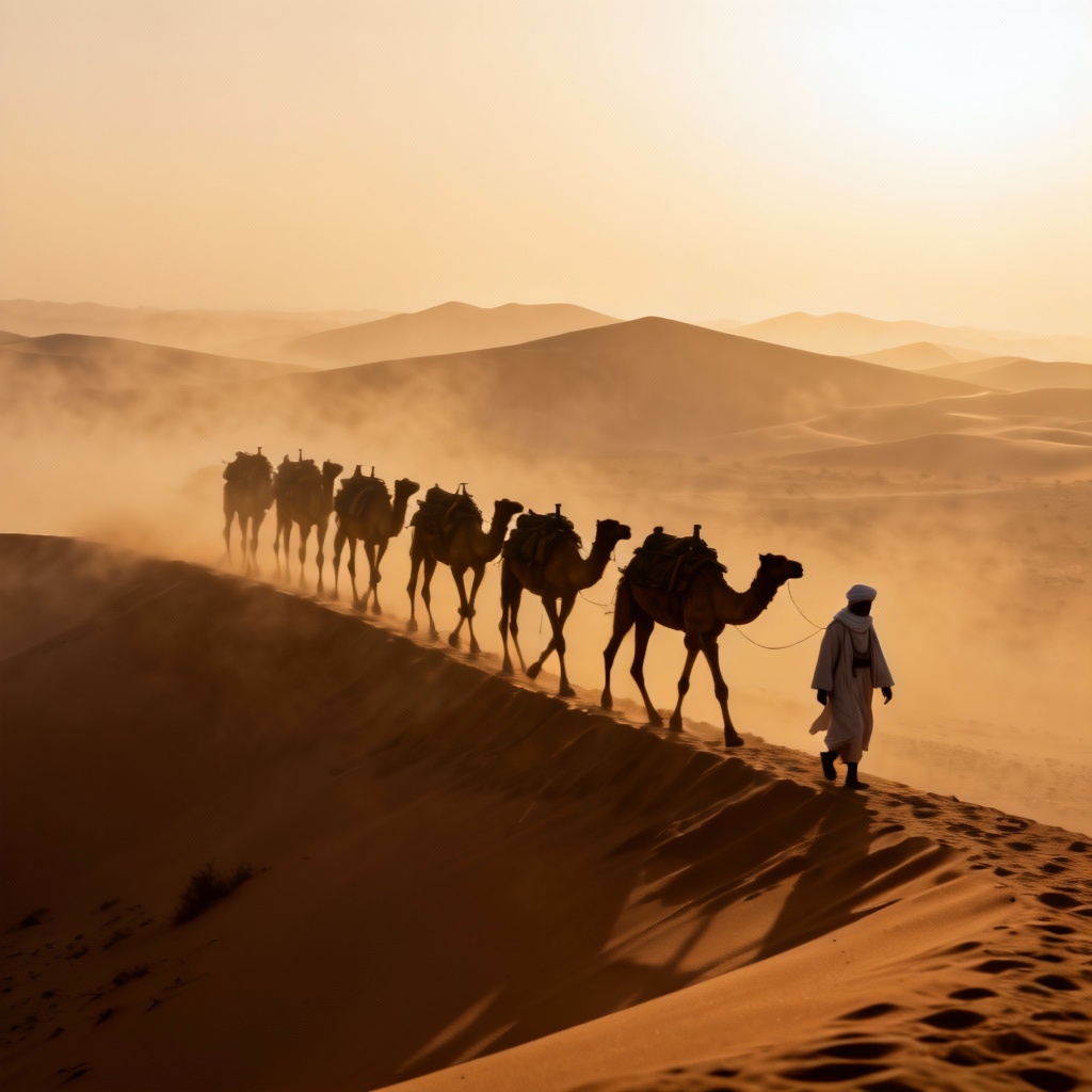 AI camel caravan across desert ridge