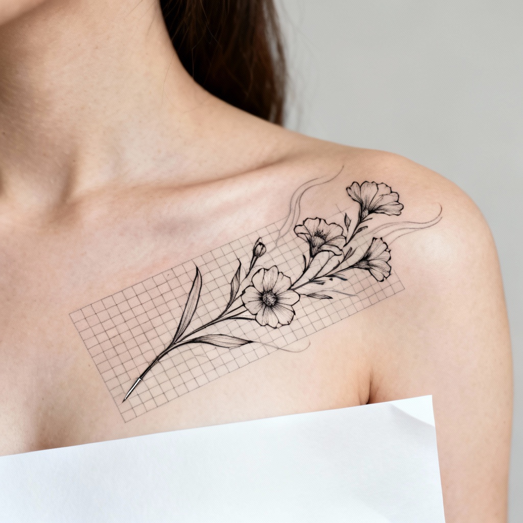 AI Minimalist Wildflower Collarbone Tattoo