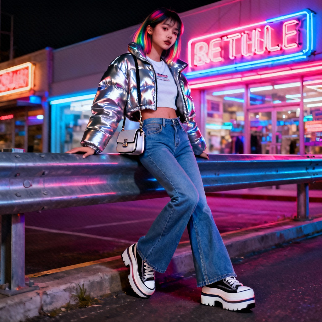 AI Y2K street style with metallic accents and flared pants