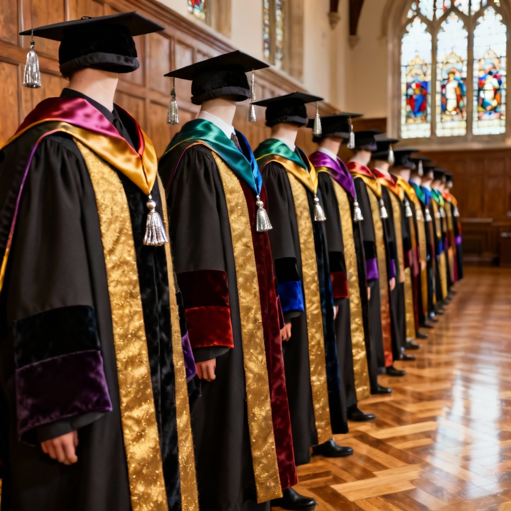 Academic regalia lineup with gowns and hoods