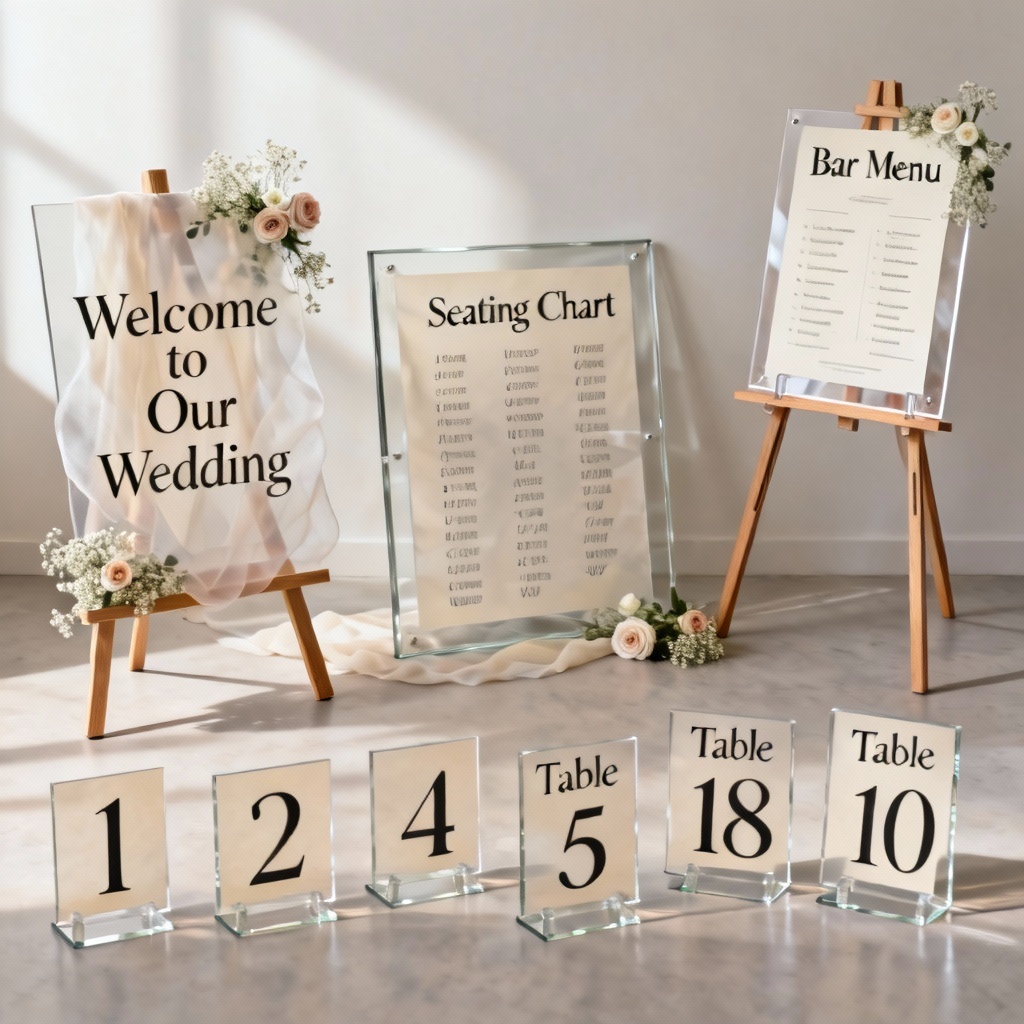AI wedding signage suite with seating chart and table numbers
