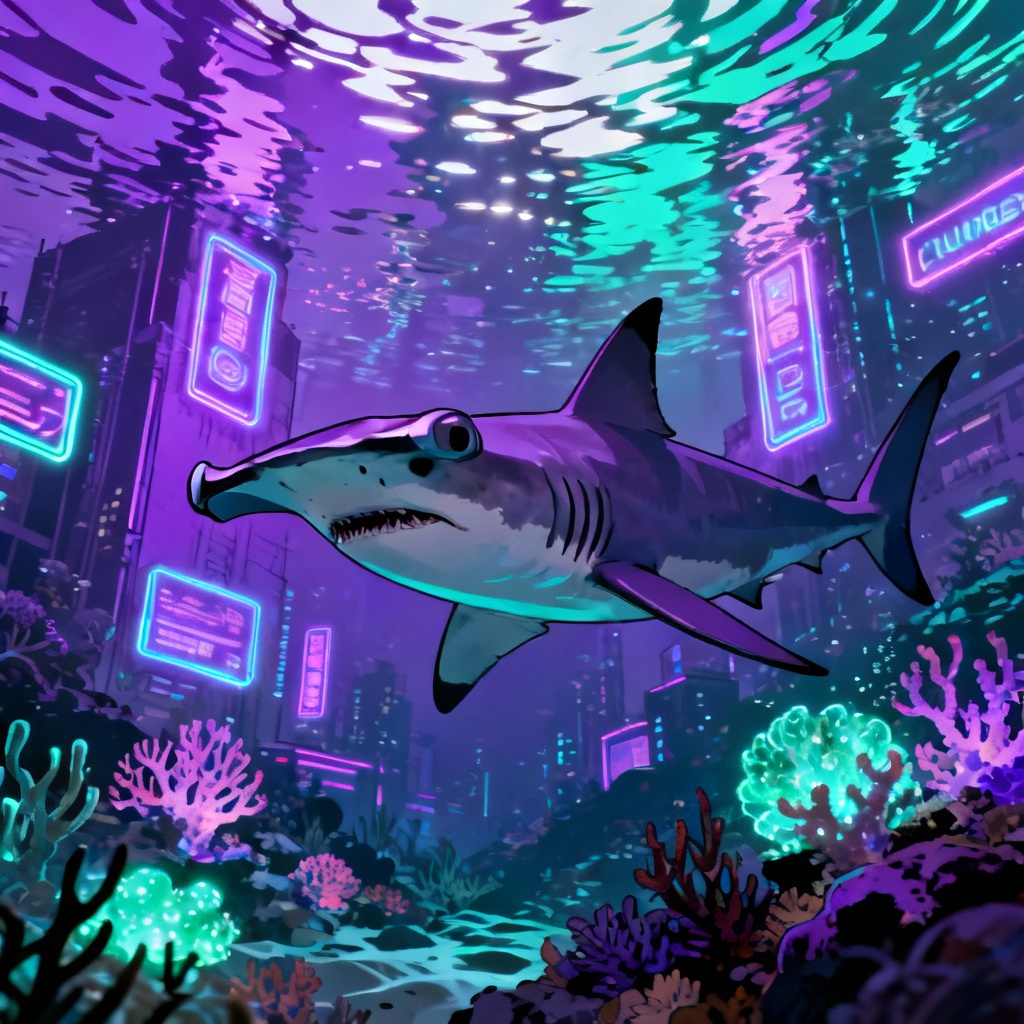 AI cyberpunk hammerhead shark artwork