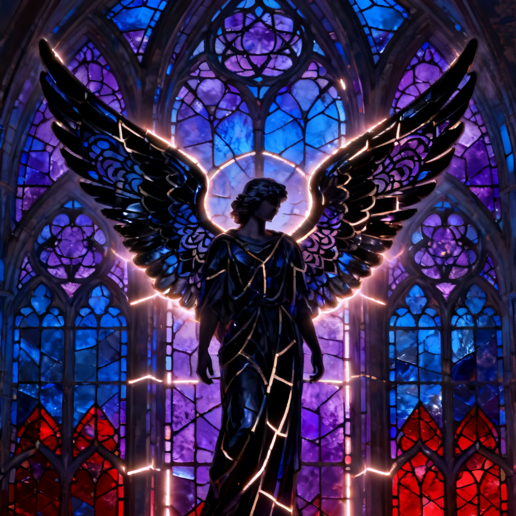 AI stained glass dark angel window artwork