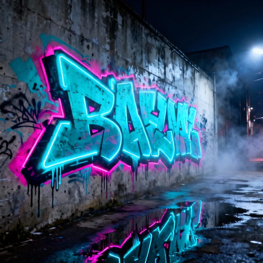 AI neon cyberpunk graffiti tag on wet alley wall