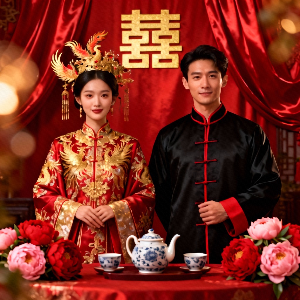 AI Chinese wedding tea ceremony portrait with Hanfu couple, red and gold decor