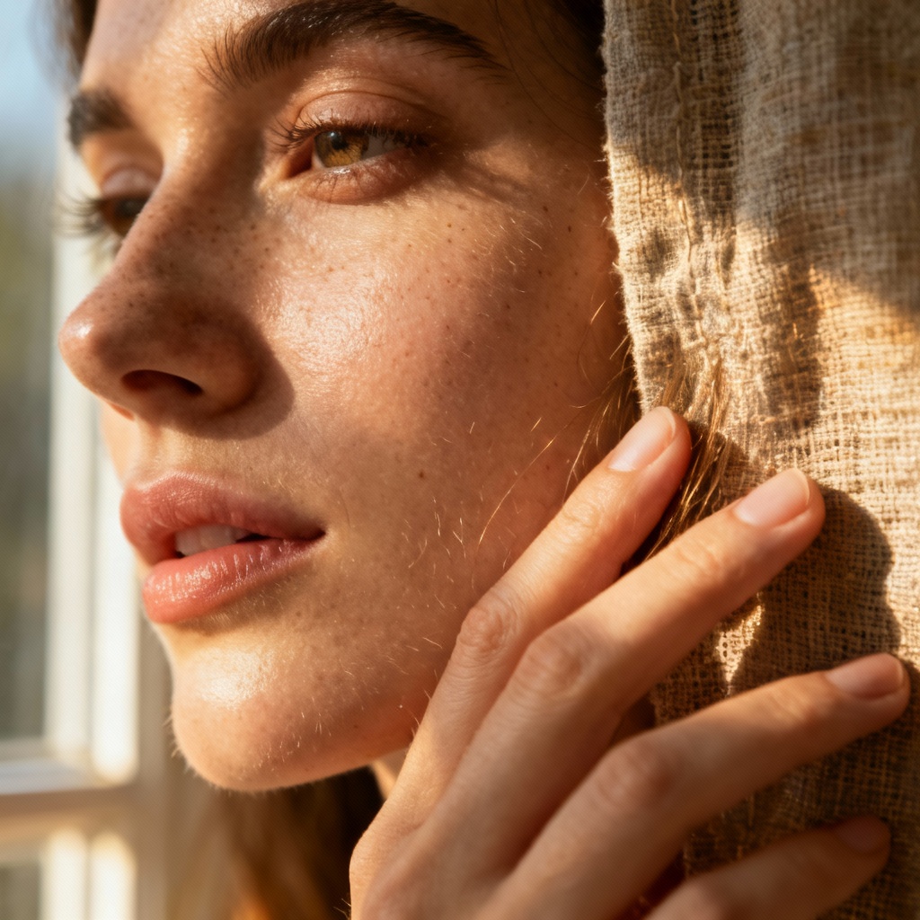 Close-up portrait with realistic skin texture and hand touching fabric