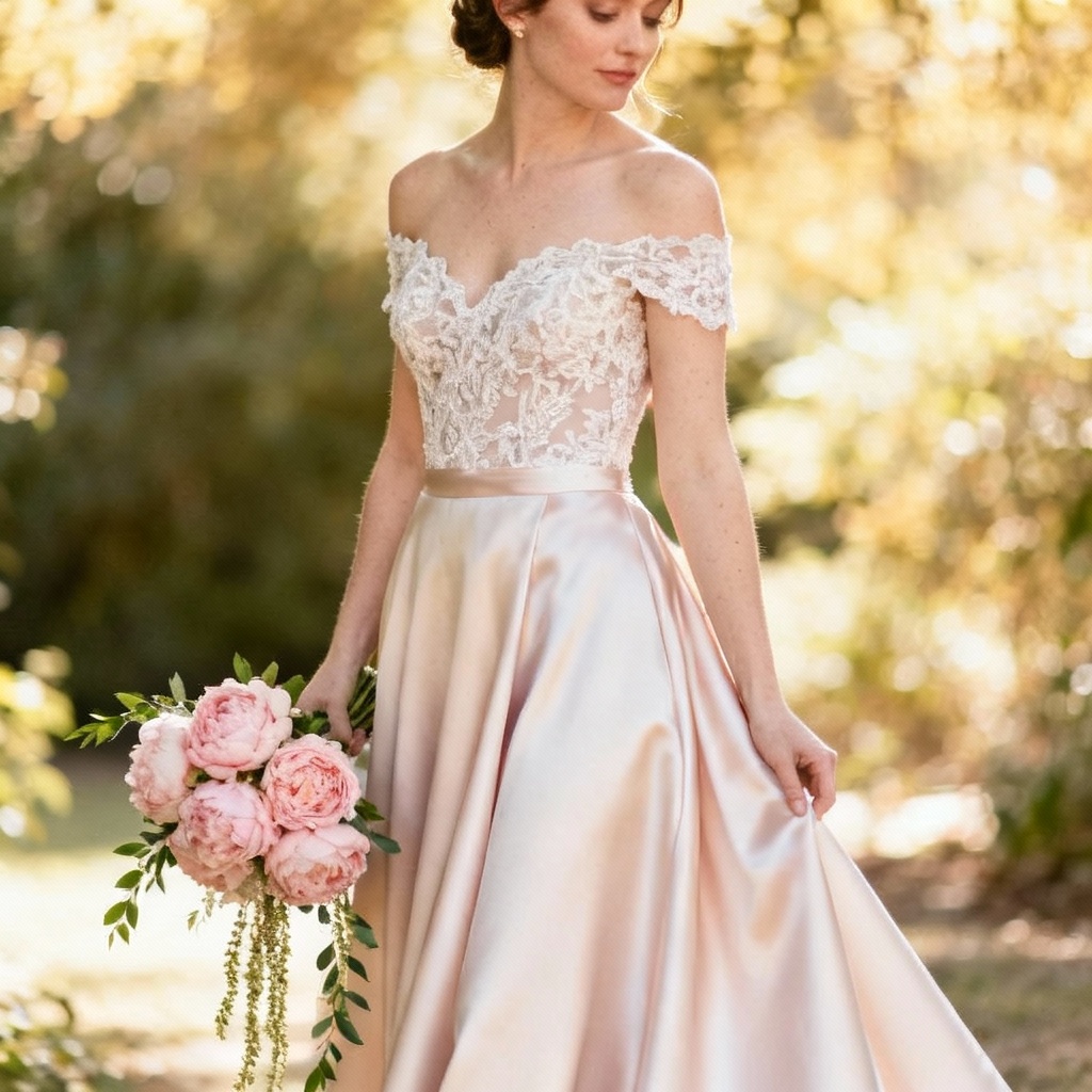 AI bridal off-shoulder wedding dress with lace bodice