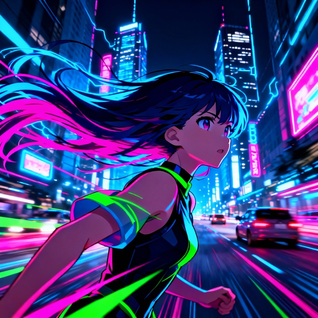 Anime heroine with flowing neon hair