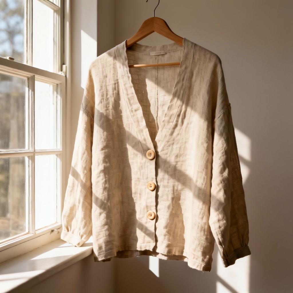 AI eco-friendly linen-cotton cardigan on wooden hanger