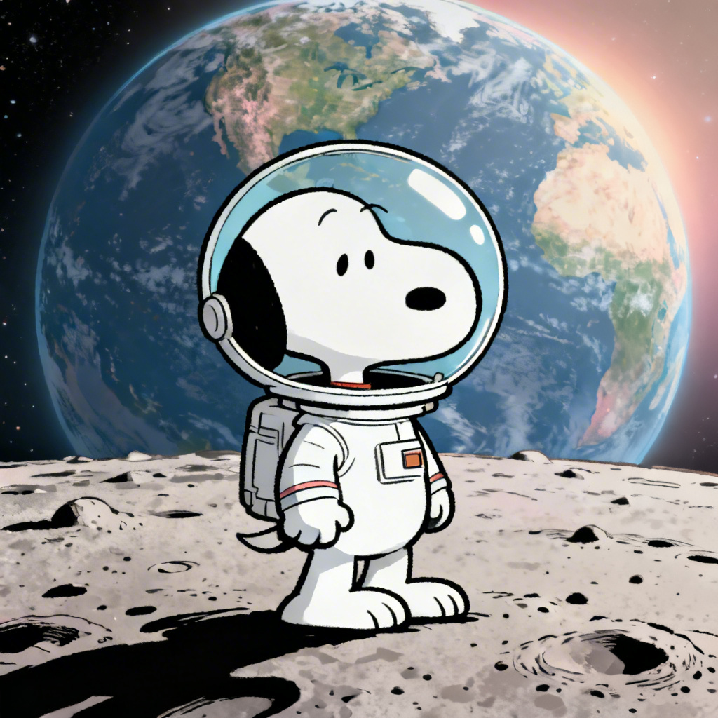AI Snoopy style beagle astronaut posing on the moon