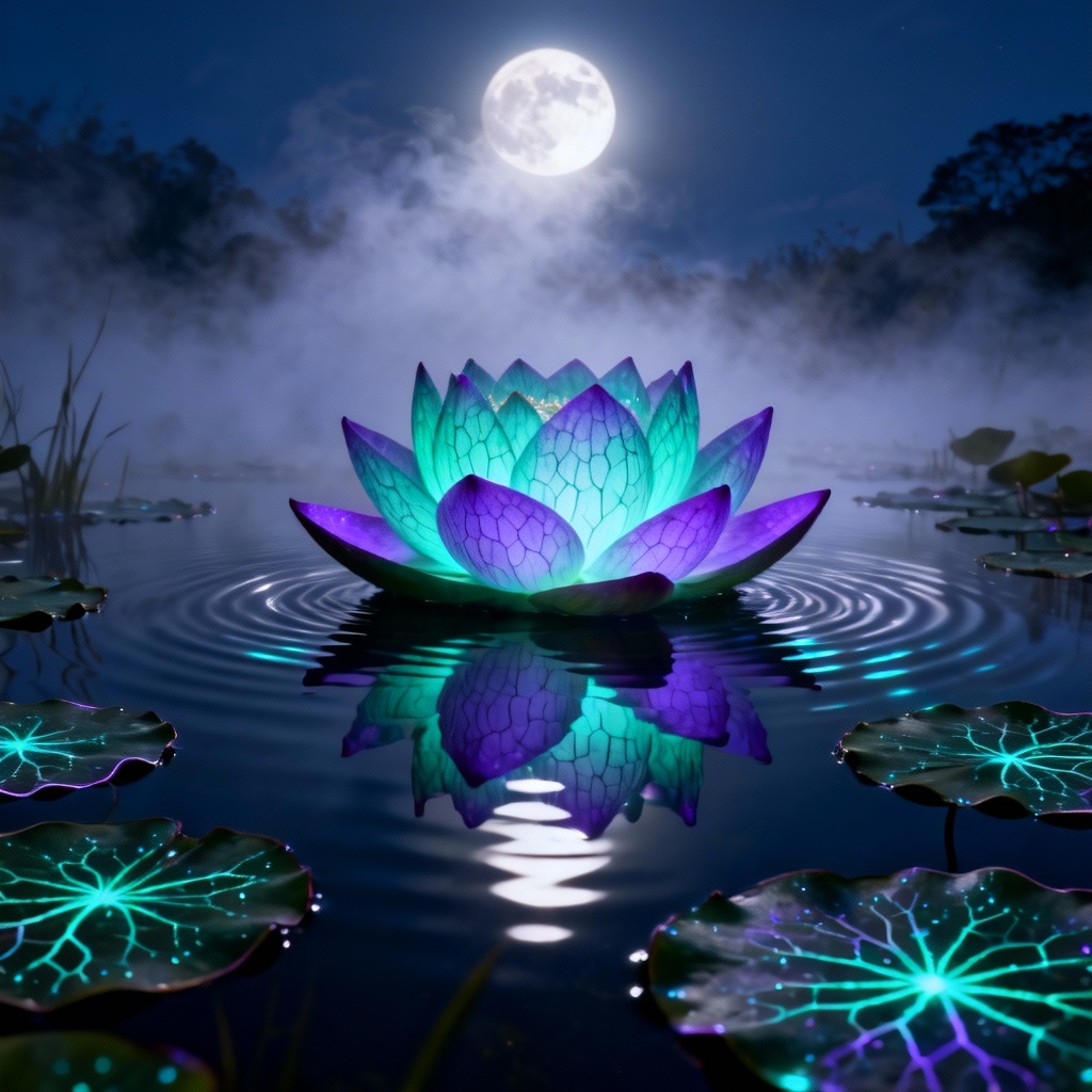 AI fantasy glowing lotus floating on calm water