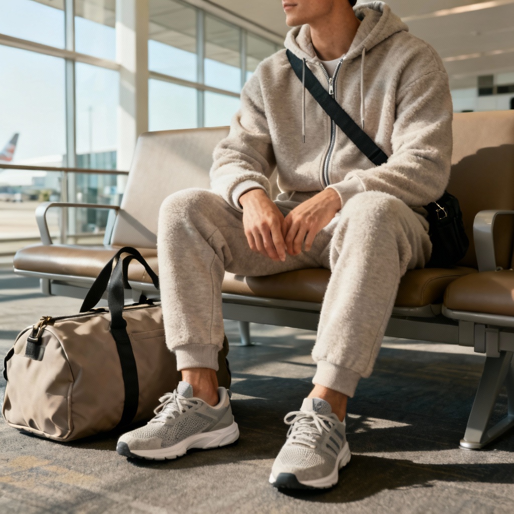 AI athleisure travel outfit with hoodie, joggers, and trainers