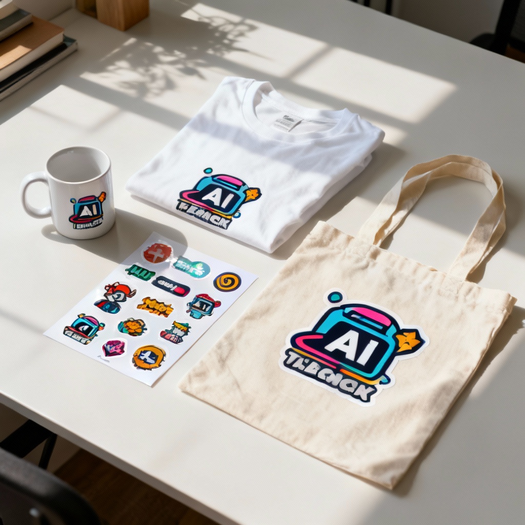 Flat lay of t-shirt, mug, tote, and sticker sheet showcasing POD-ready AI designs