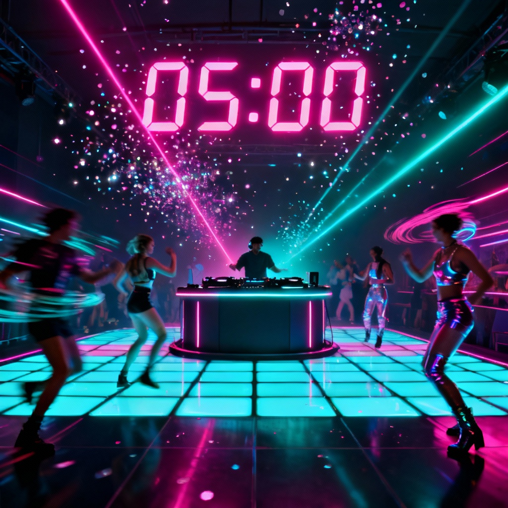 AI dancefloor with neon countdown and holographic glitter