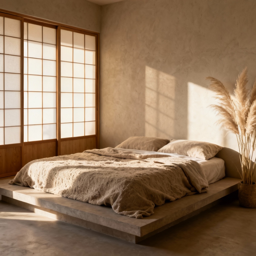 AI Japandi bedroom with zen minimal decor