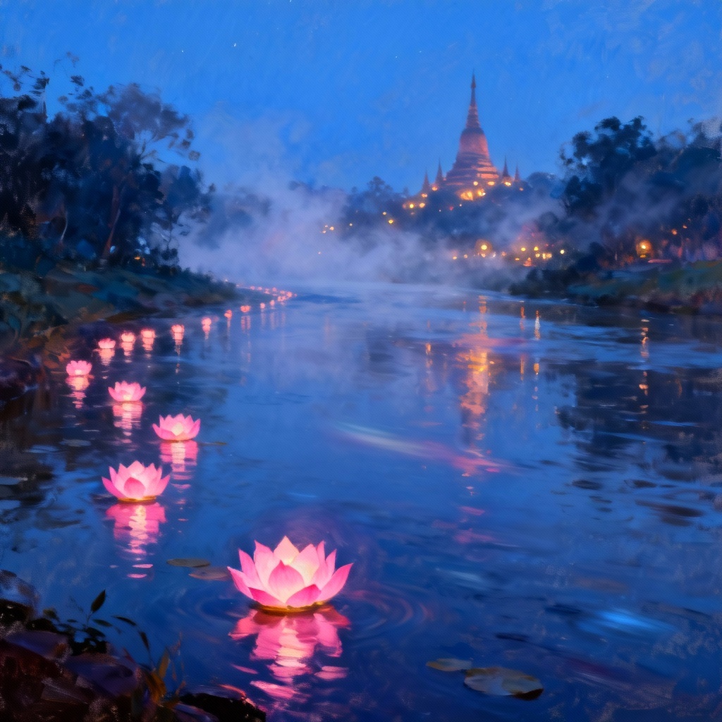 AI image of lotus lanterns floating on a river at night