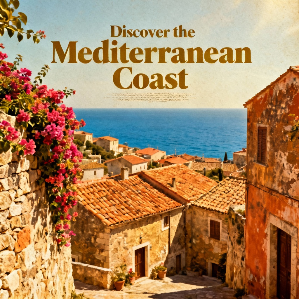 AI warm season Mediterranean coastal travel poster