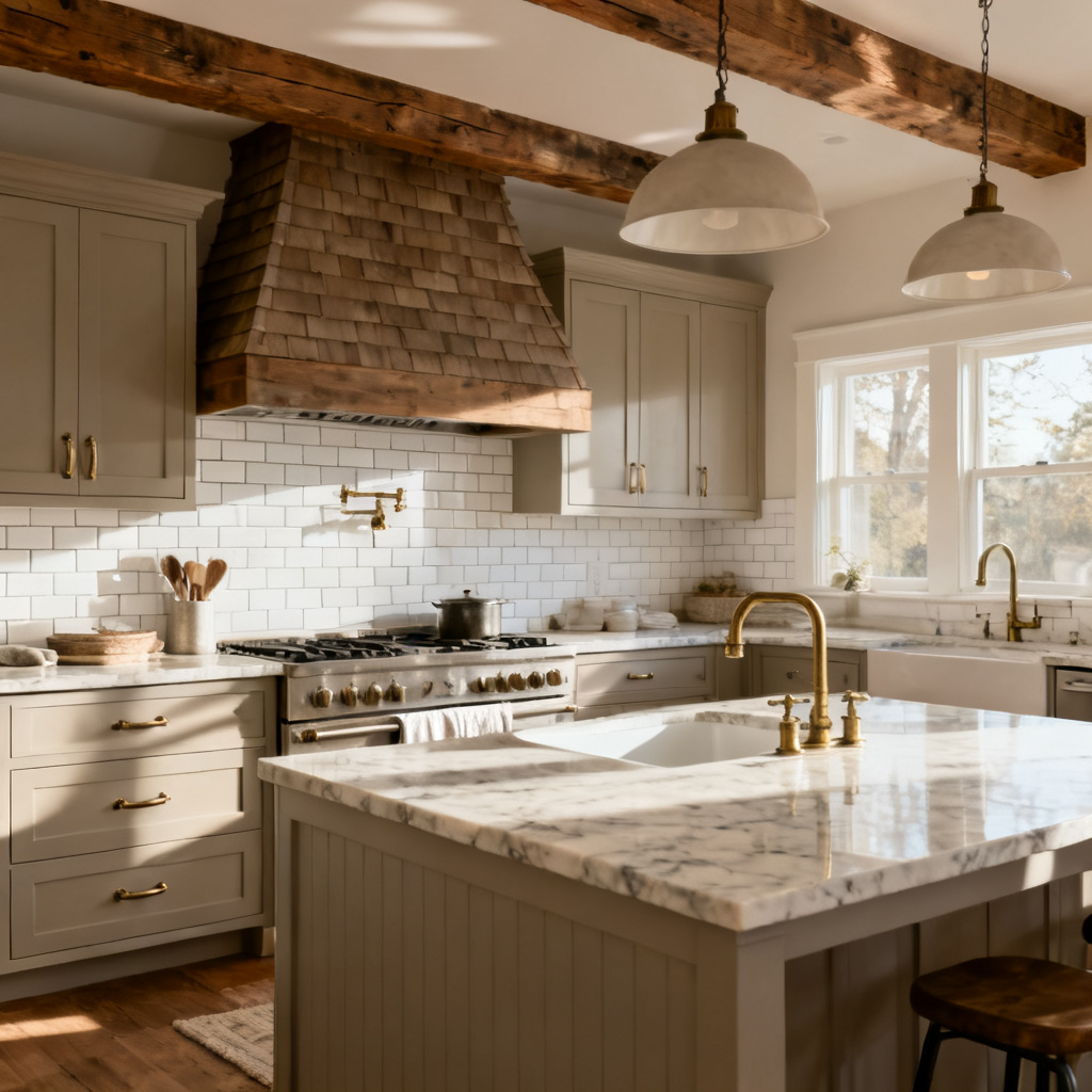AI modern farmhouse kitchen with shiplap and brass accents