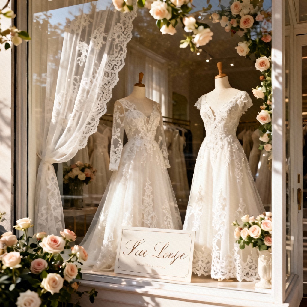 AI bridal boutique window with lace gowns and florals