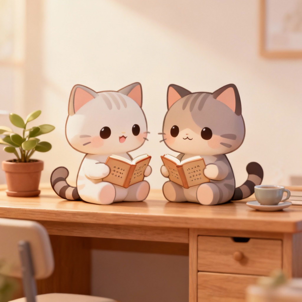 AI chibi cats cute study desk wallpaper