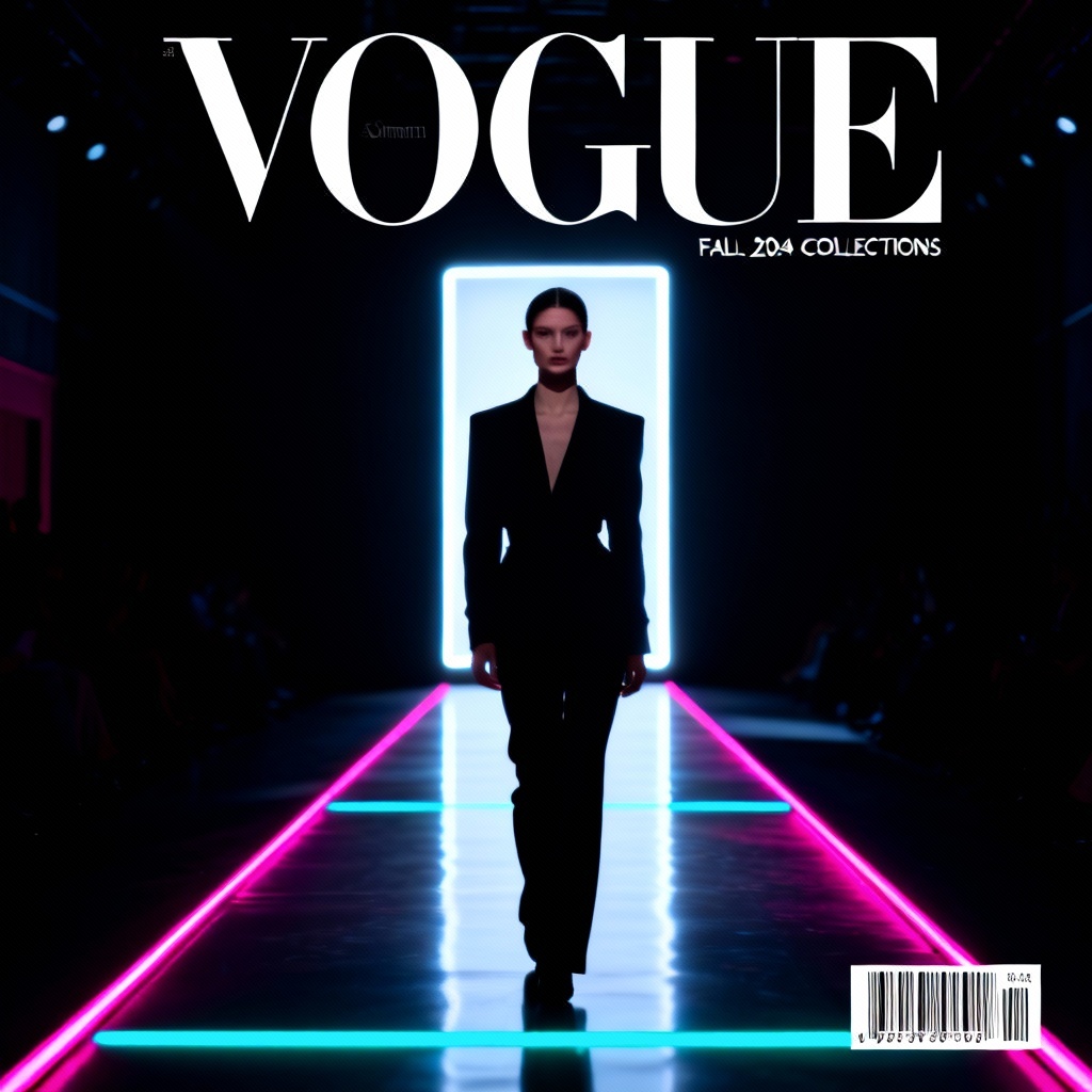 AI neon runway magazine cover with dramatic lighting