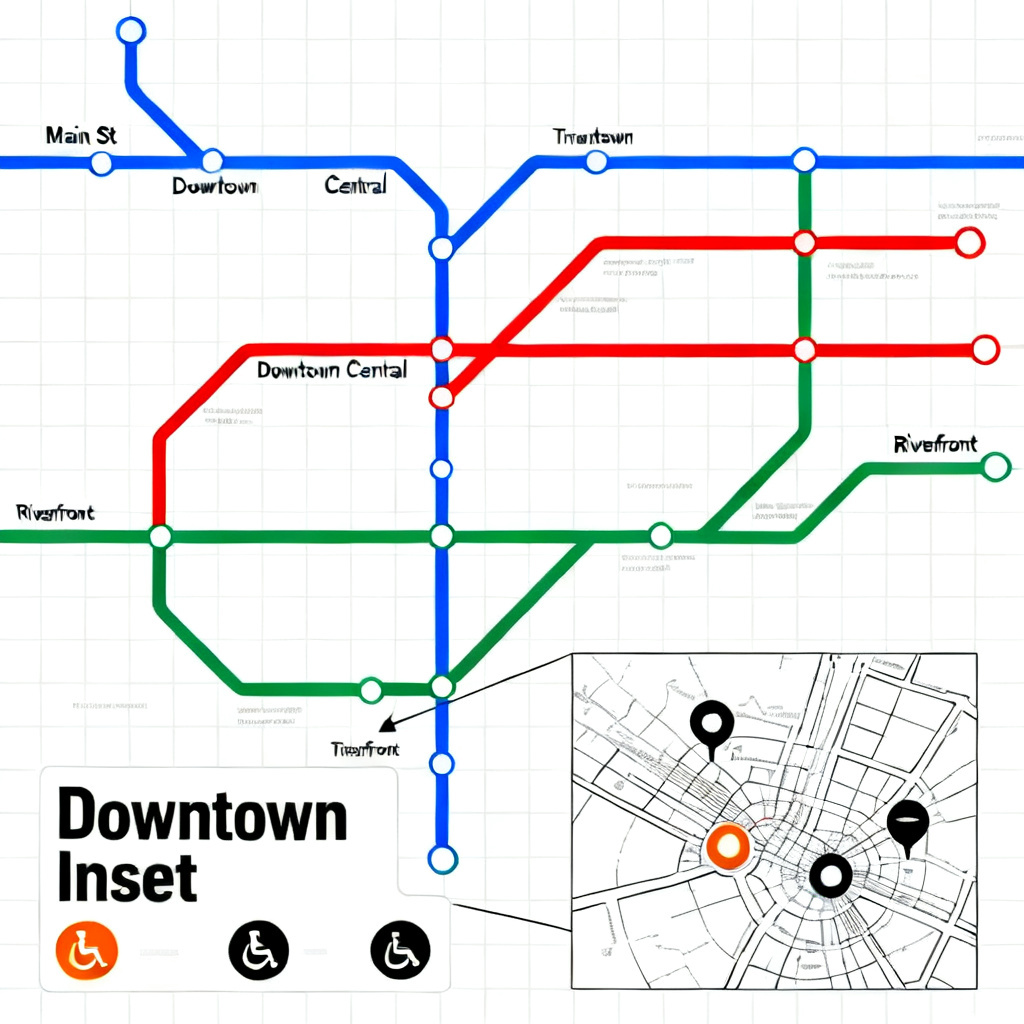 AI city transit atlas diagram with colored routes