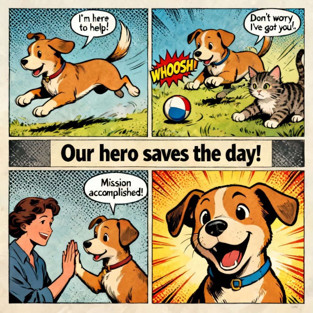 AI comic style superhero puppy story panels