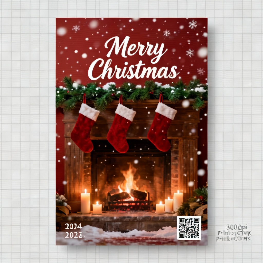 Warm Christmas poster with fireplace, stockings, and cozy typography