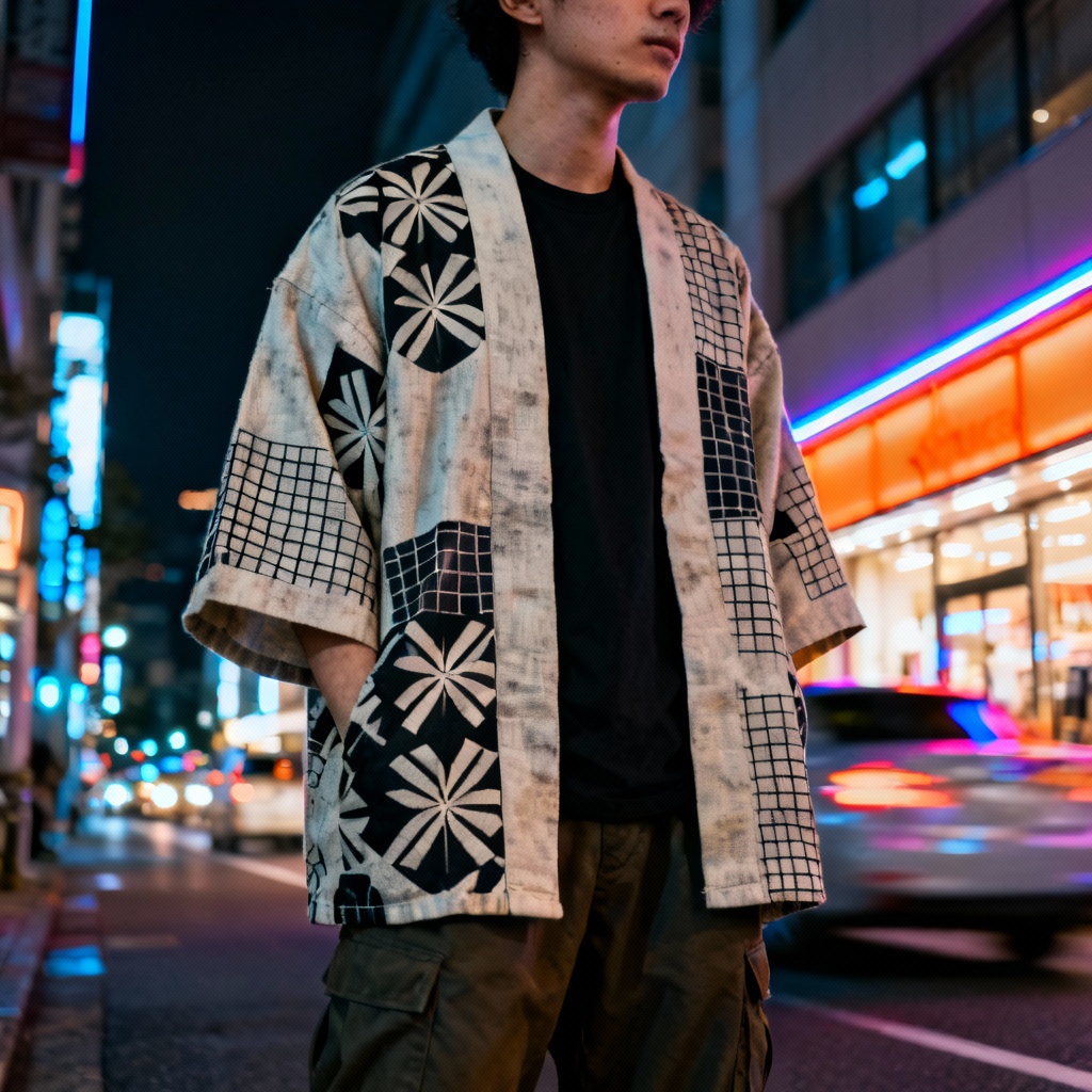 AI streetwear kimono jacket with modern print