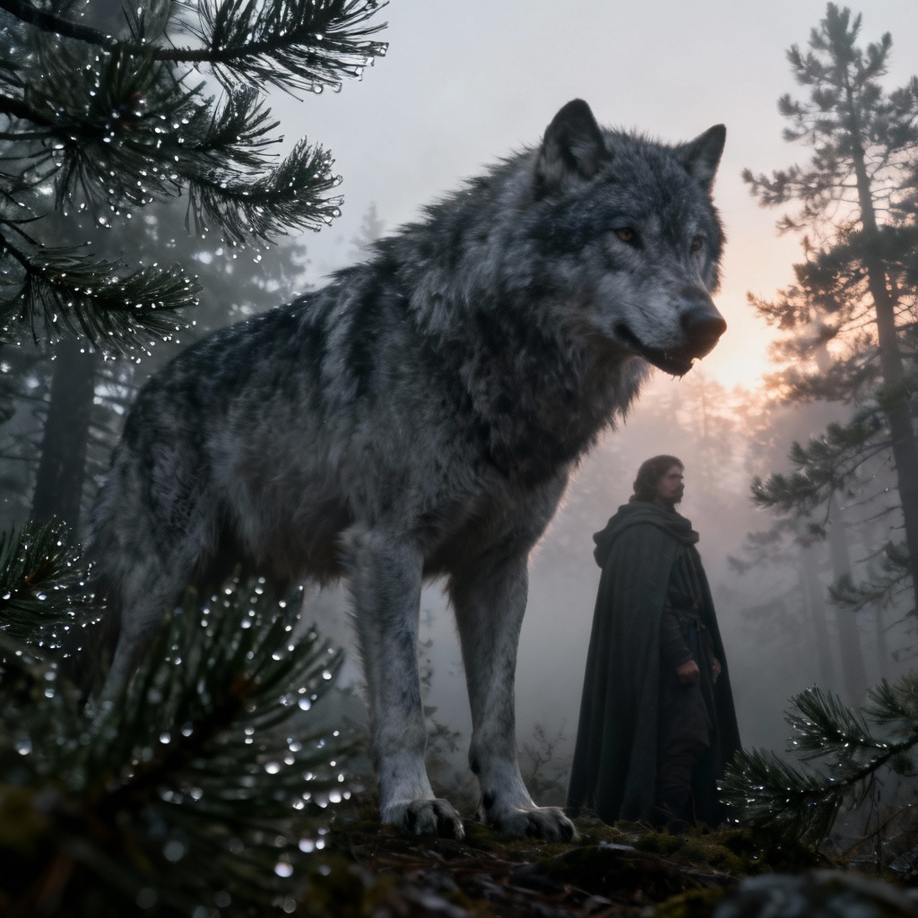 AI direwolf in misty forest
