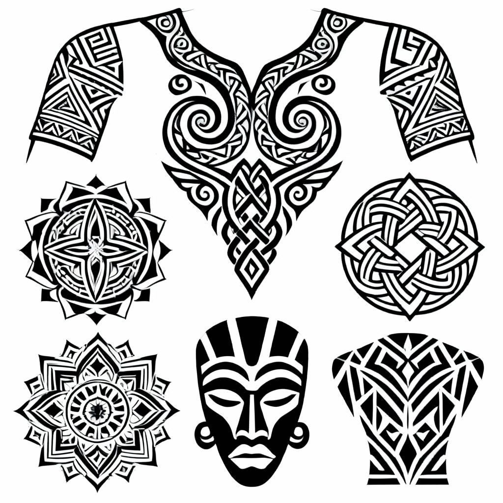 AI tribal artwork collage including tattoos, patterns, and logos