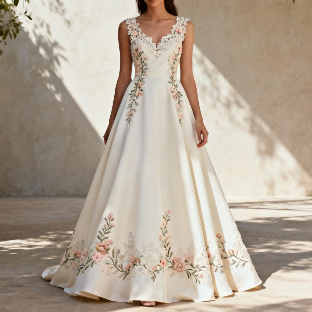 AI minimal lace applique A-line with floral embroidery