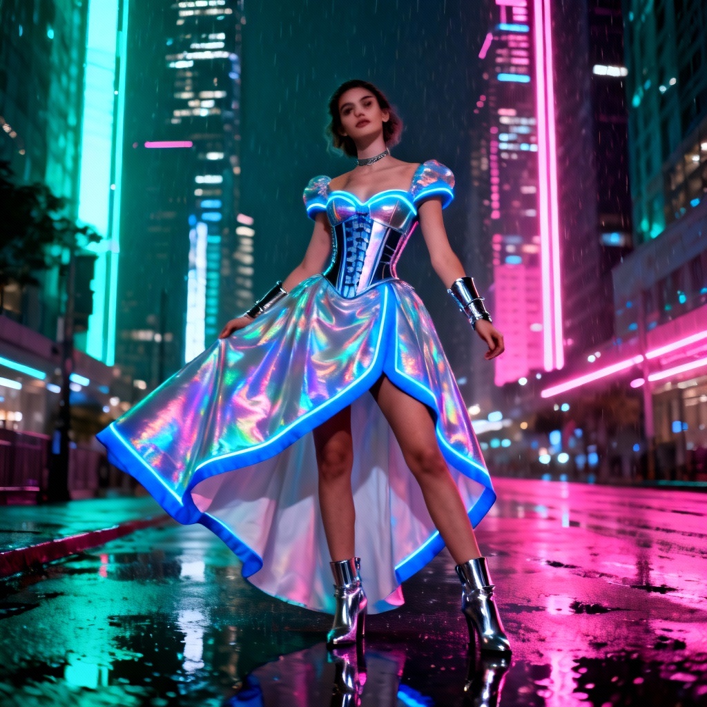 AI cyberpunk princess gown with neon accents and holographic fabric
