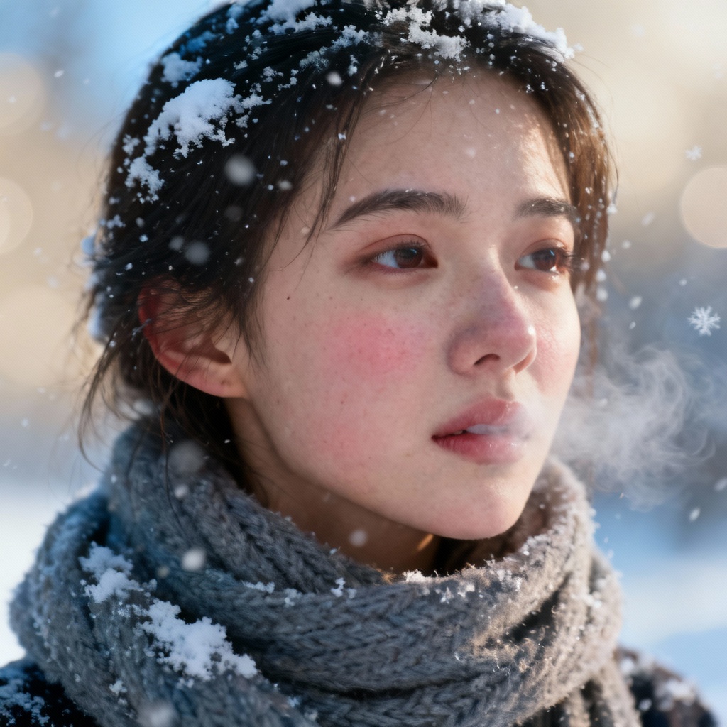 AI snow portrait with soft snowfall, scarf, and winter bokeh