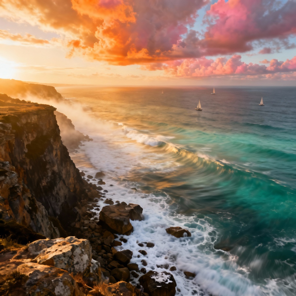 AI sea view of golden hour waves from a cliffside overlook