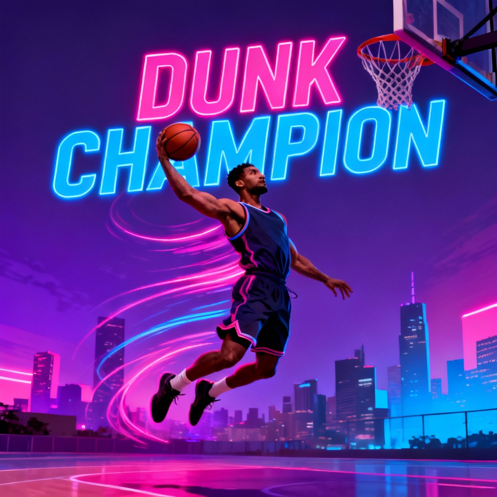 AI basketball poster with skyline dunk