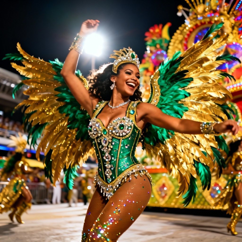 AI samba queen in gold and emerald costume