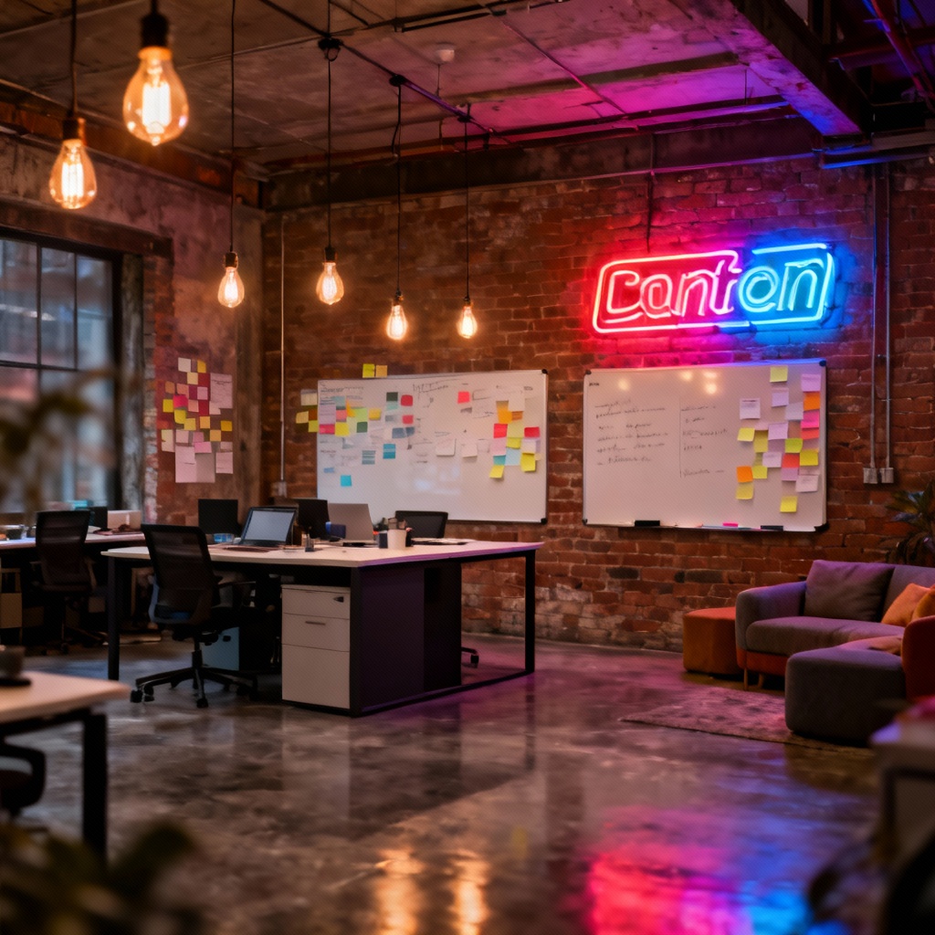 AI industrial loft office with collaborative vibe