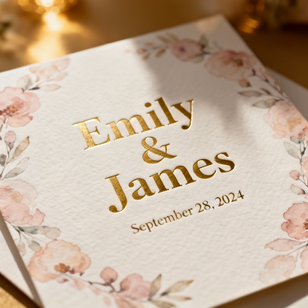 Elegant AI-generated wedding invitation with gold foil accents and floral border