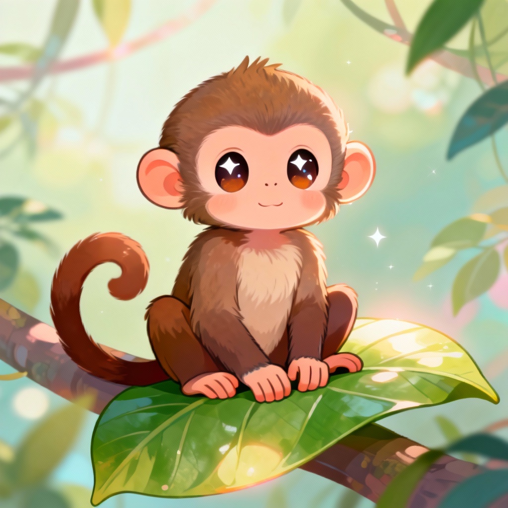 Cute baby capuchin monkey sitting on a leaf