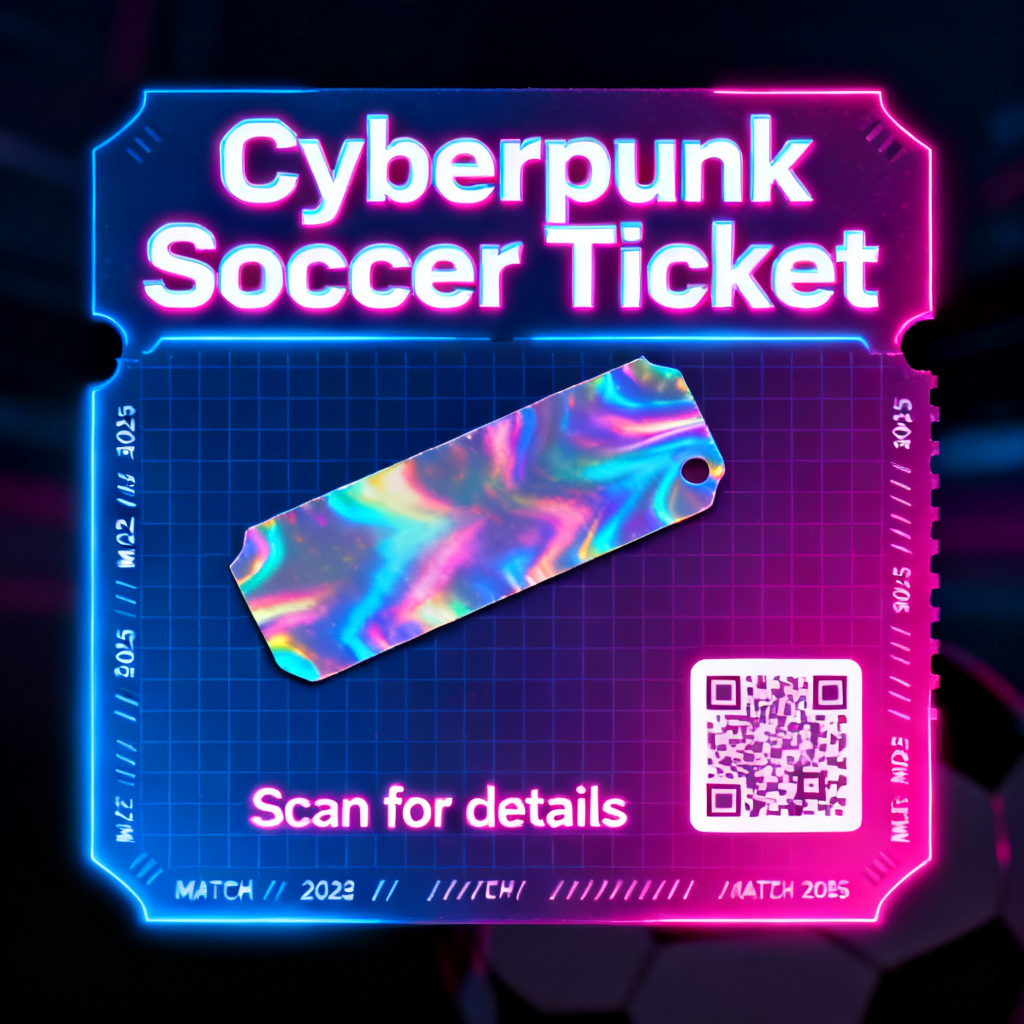 Futuristic neon ticket with hologram and digital grid