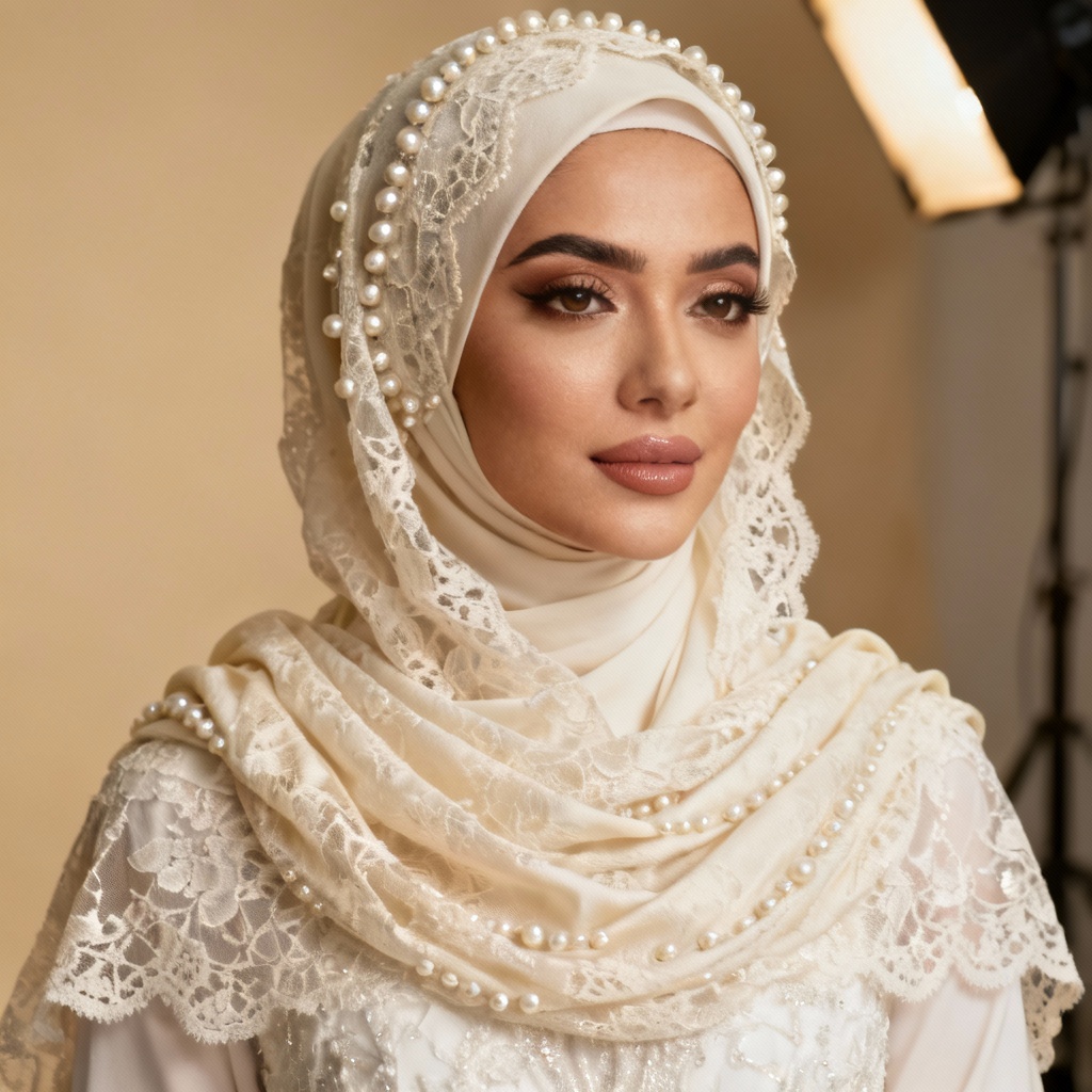 AI bridal lace hijab portrait in ivory