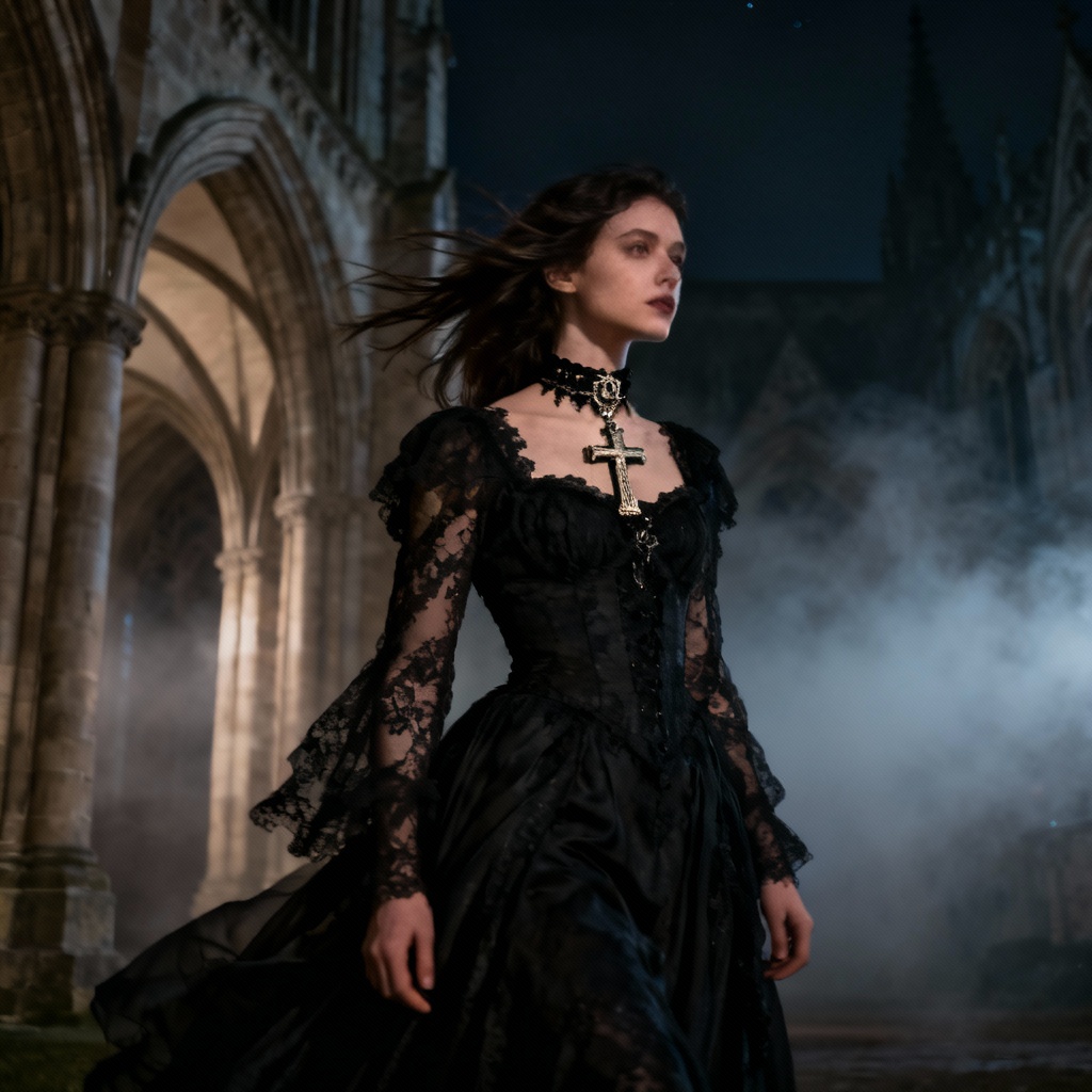 AI goth girlfriend by cathedral at night